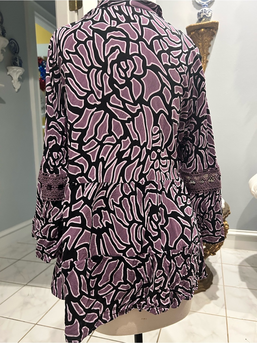 Cato Purple and Black Floral-Print Tiered Blouse